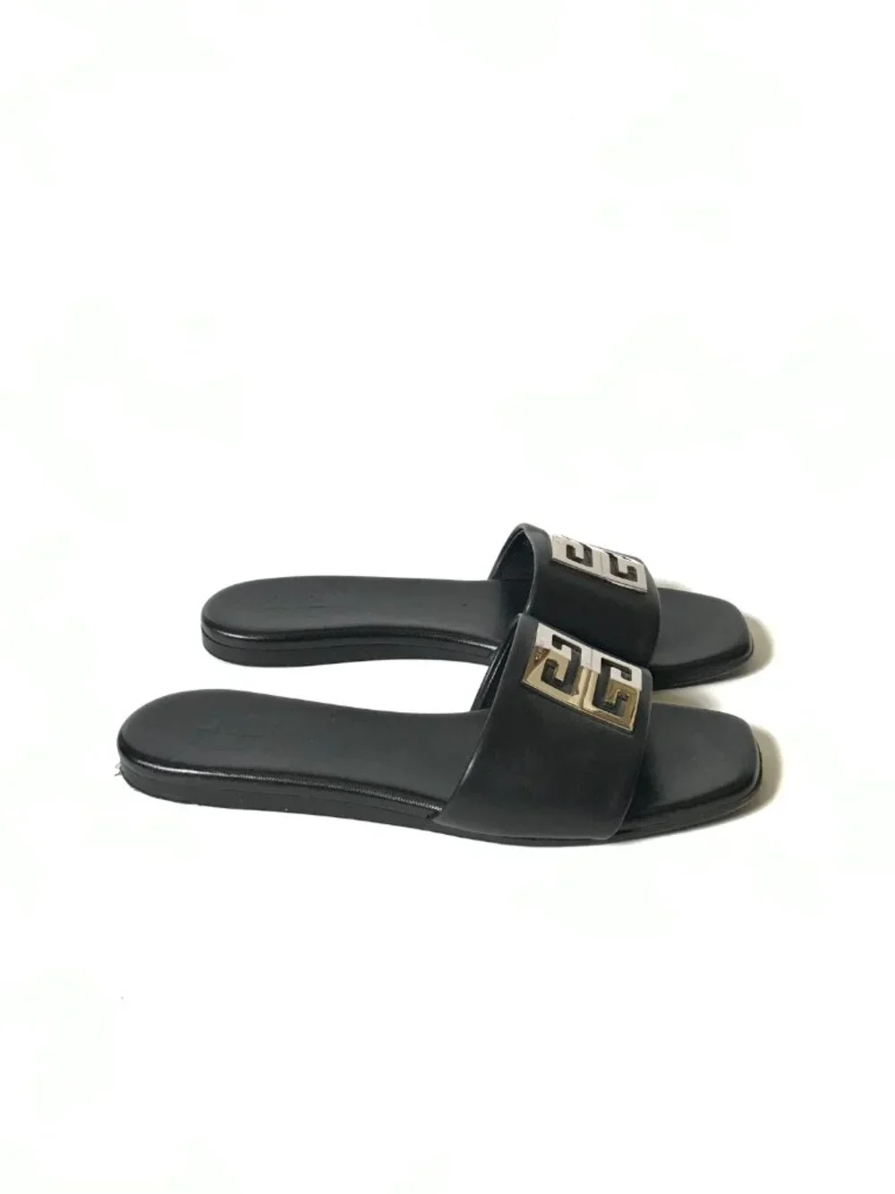 Givenchy 4G Flat Leather Slide Sandals Womens 36 6 Black Silver Logo Open Toe